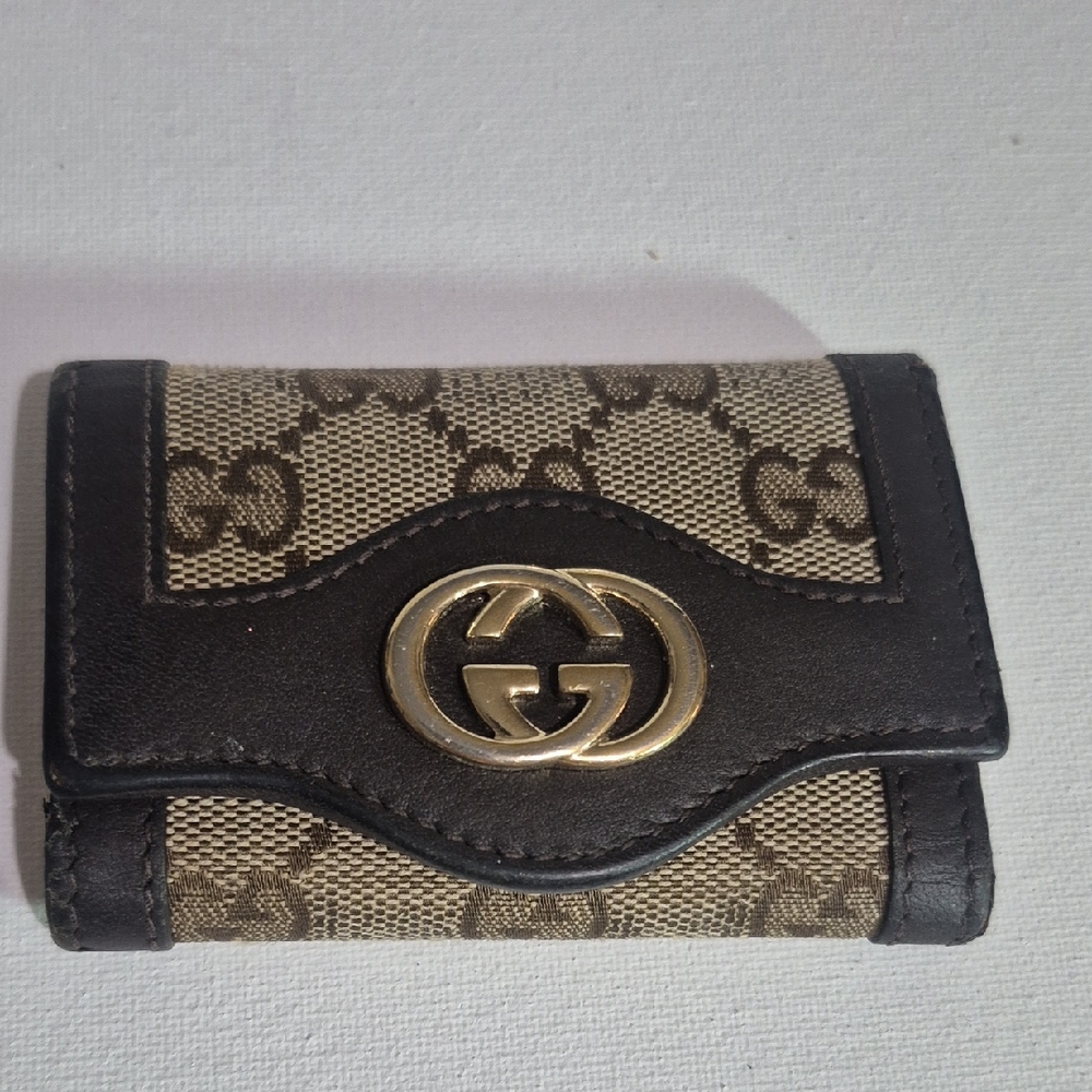Gucci Beige Brown GG Canvas Key & Card Holder with Gold Logo